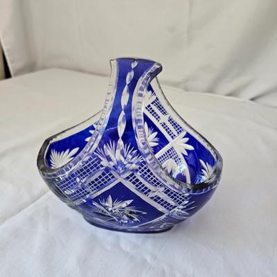 Bohemian Cut Glass Blue & Clear Handled Basket (LR-JS)