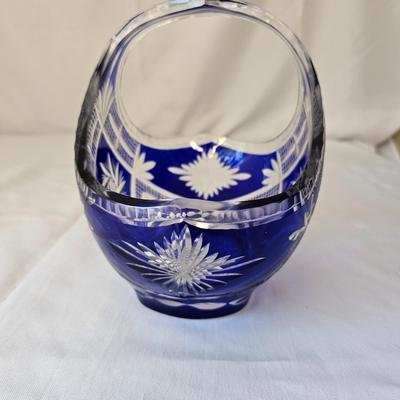 Bohemian Cut Glass Blue & Clear Handled Basket (LR-JS)