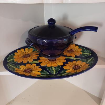 Cobalt Blue Soup Bowl/Ladle and Sunflower Platter (KN-KD)