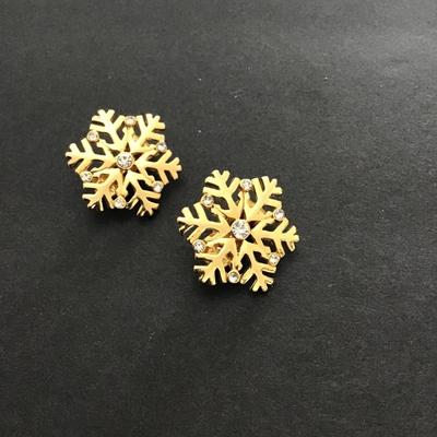 Sale Photo Thumbnail #208: Gold tone, clear, rhinestone snowflake earrings clip on’s. Please see attached photos.