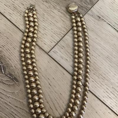 Beautiful, vintage, multi strand, gold, metal bead, choker statement, necklace, beautiful clasp