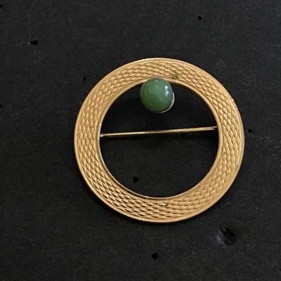 Gold Tone Brooch Green Stone