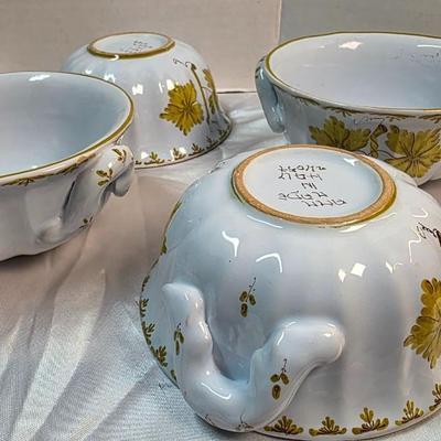 Vintage Italian Majolica 4-Piece Bowl Set – Hand-Painted Leaf Motif – Mid-Century Faience – Italy