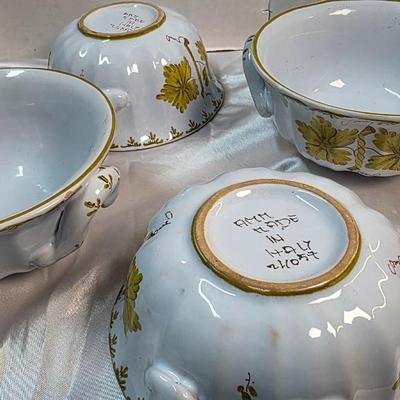 Vintage Italian Majolica 4-Piece Bowl Set – Hand-Painted Leaf Motif – Mid-Century Faience – Italy