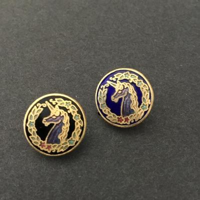Black, unicorn stud round earrings vintage cloisonné