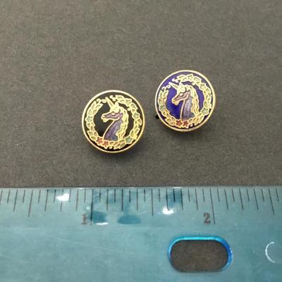 Black, unicorn stud round earrings vintage cloisonné