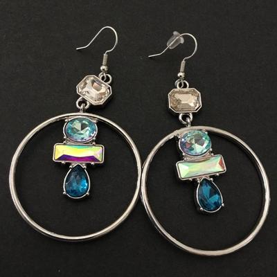 Pretty silver, toned, rhinestone statement hoop earrings