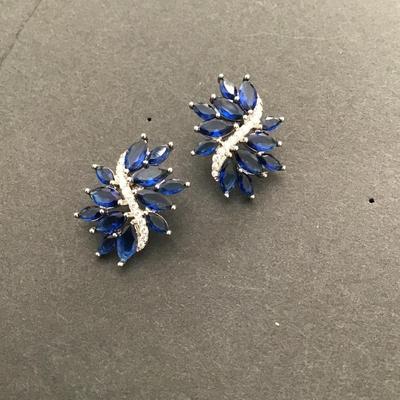 Beautiful silver tone earrings with blue and clear rhinestones