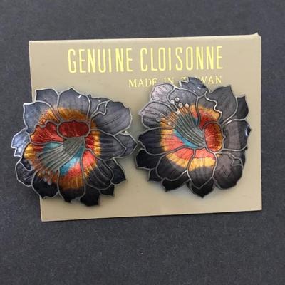 Vintage genuine Cloisonné statement, flower, earrings