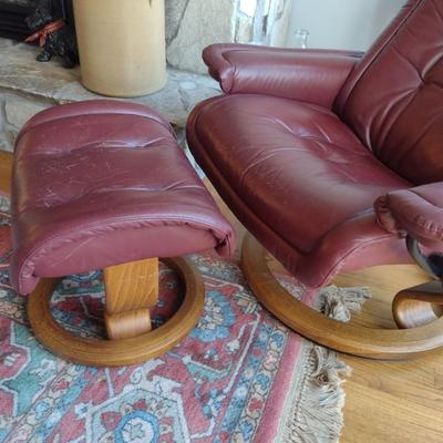 Burgandy Leather Ekornes Gravity Chair with Ottoman