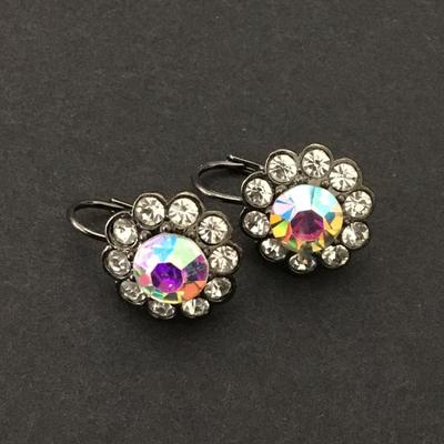 Very beautiful very nice iridescent, crystal rhinestone flower dangle earrings