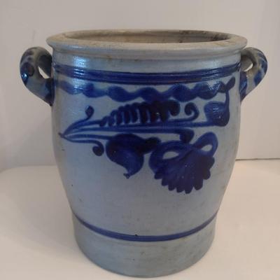 Vintage German Design Salt Glaze Stoneware Double Loop Handle Pot with Cobalt Blue Floral Motif