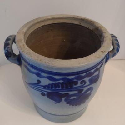 Vintage German Design Salt Glaze Stoneware Double Loop Handle Pot with Cobalt Blue Floral Motif