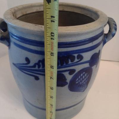 Vintage German Design Salt Glaze Stoneware Double Loop Handle Pot with Cobalt Blue Floral Motif
