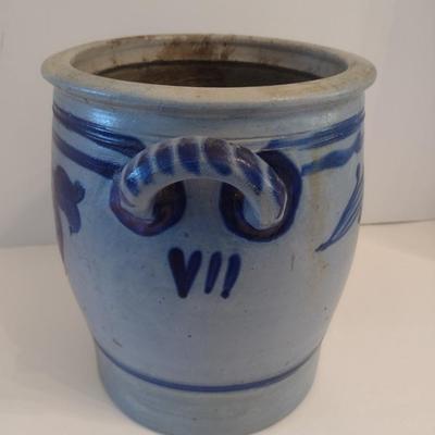 Vintage German Design Salt Glaze Stoneware Double Loop Handle Pot with Cobalt Blue Floral Motif