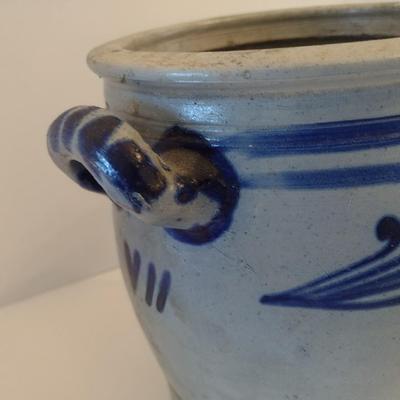 Vintage German Design Salt Glaze Stoneware Double Loop Handle Pot with Cobalt Blue Floral Motif