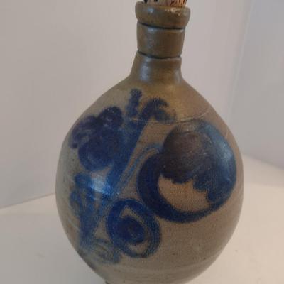 Antique German Design 'Ball Belly' Stoneware Pottery Jug with Loop Handle and Cobalt Blue Slip