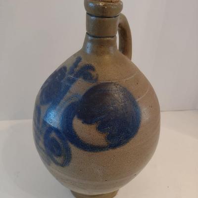 Antique German Design 'Ball Belly' Stoneware Pottery Jug with Loop Handle and Cobalt Blue Slip
