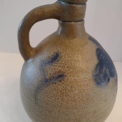 Antique German Design 'Ball Belly' Stoneware Pottery Jug with Loop Handle and Cobalt Blue Slip
