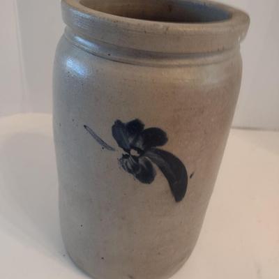 Antique Salt Glaze Pottery Stoneware Crock with Blue Cobalt Leaves Motif