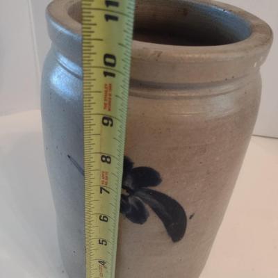 Antique Salt Glaze Pottery Stoneware Crock with Blue Cobalt Leaves Motif