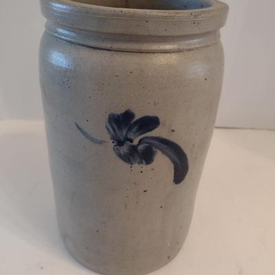 Antique Salt Glaze Pottery Stoneware Crock with Blue Cobalt Leaves Motif