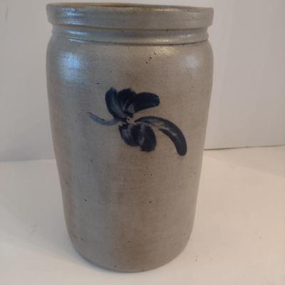 Antique Salt Glaze Pottery Stoneware Crock with Blue Cobalt Leaves Motif