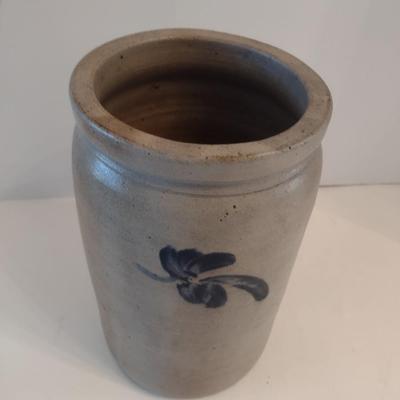 Antique Salt Glaze Pottery Stoneware Crock with Blue Cobalt Leaves Motif