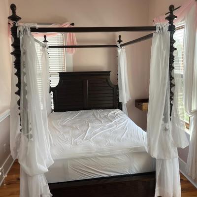 Sale Photo Thumbnail #108: “Barbados” mahogany queen poster bed; with mattress; frame approx. 91" H x 64"; in good condition; available as frame only