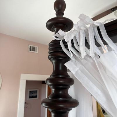 Sale Photo Thumbnail #113: “Barbados” mahogany queen poster bed; with mattress; frame approx. 91" H x 64"; in good condition; available as frame only