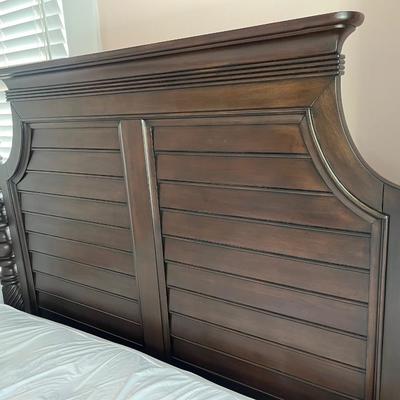 Sale Photo Thumbnail #109: “Barbados” mahogany queen poster bed; with mattress; frame approx. 91" H x 64"; in good condition; available as frame only