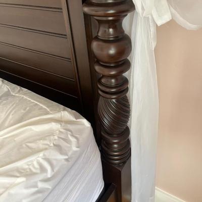 Sale Photo Thumbnail #116: “Barbados” mahogany queen poster bed; with mattress; frame approx. 91" H x 64"; in good condition; available as frame only