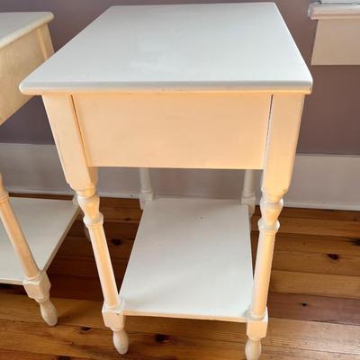 Sale Photo Thumbnail #126: Pair of vintage Pottery Barn cottage/farmhouse end tables with glass tops; approx. 30.5" x 20.75" x 16"; wear to finish
