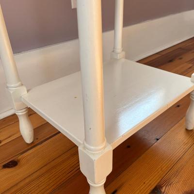 Sale Photo Thumbnail #131: Pair of vintage Pottery Barn cottage/farmhouse end tables with glass tops; approx. 30.5" x 20.75" x 16"; wear to finish