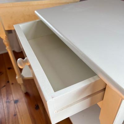 Sale Photo Thumbnail #128: Pair of vintage Pottery Barn cottage/farmhouse end tables with glass tops; approx. 30.5" x 20.75" x 16"; wear to finish