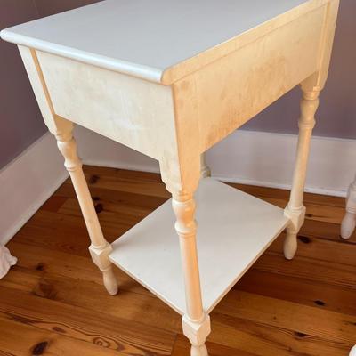 Sale Photo Thumbnail #127: Pair of vintage Pottery Barn cottage/farmhouse end tables with glass tops; approx. 30.5" x 20.75" x 16"; wear to finish