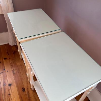 Sale Photo Thumbnail #124: Pair of vintage Pottery Barn cottage/farmhouse end tables with glass tops; approx. 30.5" x 20.75" x 16"; wear to finish