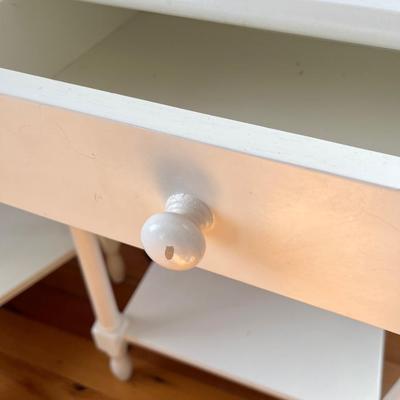 Sale Photo Thumbnail #129: Pair of vintage Pottery Barn cottage/farmhouse end tables with glass tops; approx. 30.5" x 20.75" x 16"; wear to finish