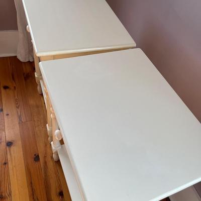 Sale Photo Thumbnail #125: Pair of vintage Pottery Barn cottage/farmhouse end tables with glass tops; approx. 30.5" x 20.75" x 16"; wear to finish