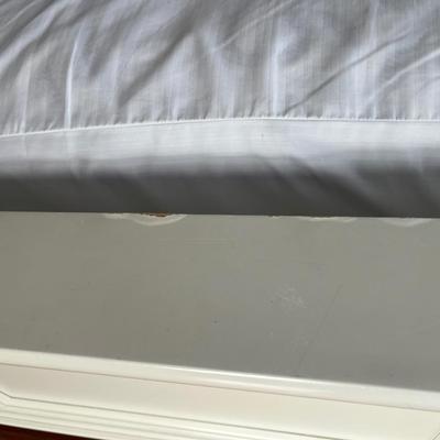 Sale Photo Thumbnail #134: Cottage king bed by Kaiser 1; Seally mattress; headboard 65.5" x 83"; foot 32.5" x 83"; some peeling on footboard edge; general wear; available as frame only