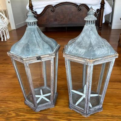 Sale Photo Thumbnail #147: Pair of Pottery Barn "Park Hill" lanterns; approx. 31" x 14" x 15" each