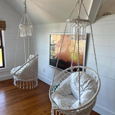 Sale Photo Thumbnail #151: Macramé hammock or swing chair; approx. 67" H: (hanging) x 32" x 36"; good condition