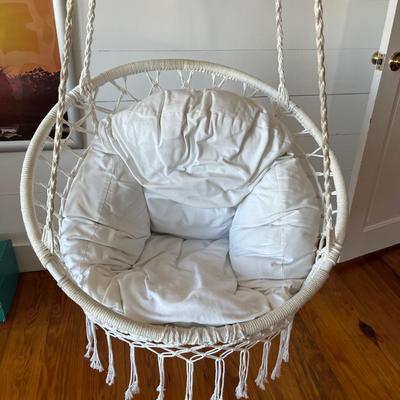 Sale Photo Thumbnail #152: Macramé hammock or swing chair; approx. 67" H: (hanging) x 32" x 36"; good condition