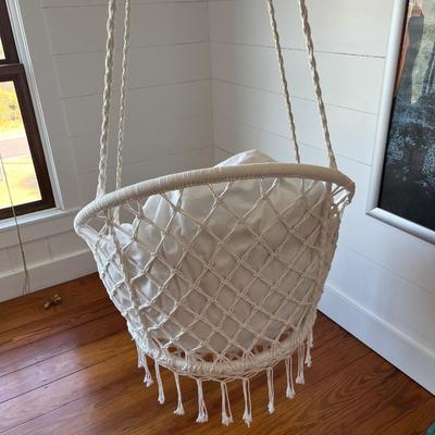 Sale Photo Thumbnail #155: Macramé hammock or swing chair; approx. 67" H: (hanging) x 32" x 36"; good condition