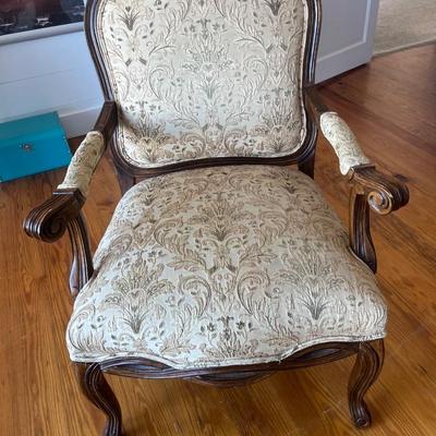 Sale Photo Thumbnail #187: Pair of 20th C. upholstered armchairs; approx. 20" (seat) x 27" x 27", 42" H back; wear and losses to legs from use