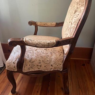 Sale Photo Thumbnail #183: Pair of 20th C. upholstered armchairs; approx. 20" (seat) x 27" x 27", 42" H back; wear and losses to legs from use