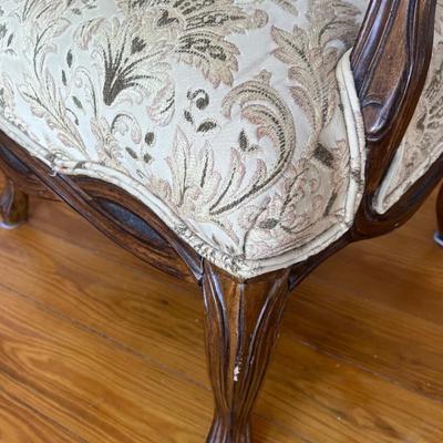 Sale Photo Thumbnail #189: Pair of 20th C. upholstered armchairs; approx. 20" (seat) x 27" x 27", 42" H back; wear and losses to legs from use