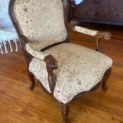 Sale Photo Thumbnail #186: Pair of 20th C. upholstered armchairs; approx. 20" (seat) x 27" x 27", 42" H back; wear and losses to legs from use