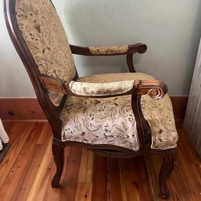 Sale Photo Thumbnail #182: Pair of 20th C. upholstered armchairs; approx. 20" (seat) x 27" x 27", 42" H back; wear and losses to legs from use
