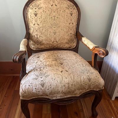 Sale Photo Thumbnail #181: Pair of 20th C. upholstered armchairs; approx. 20" (seat) x 27" x 27", 42" H back; wear and losses to legs from use